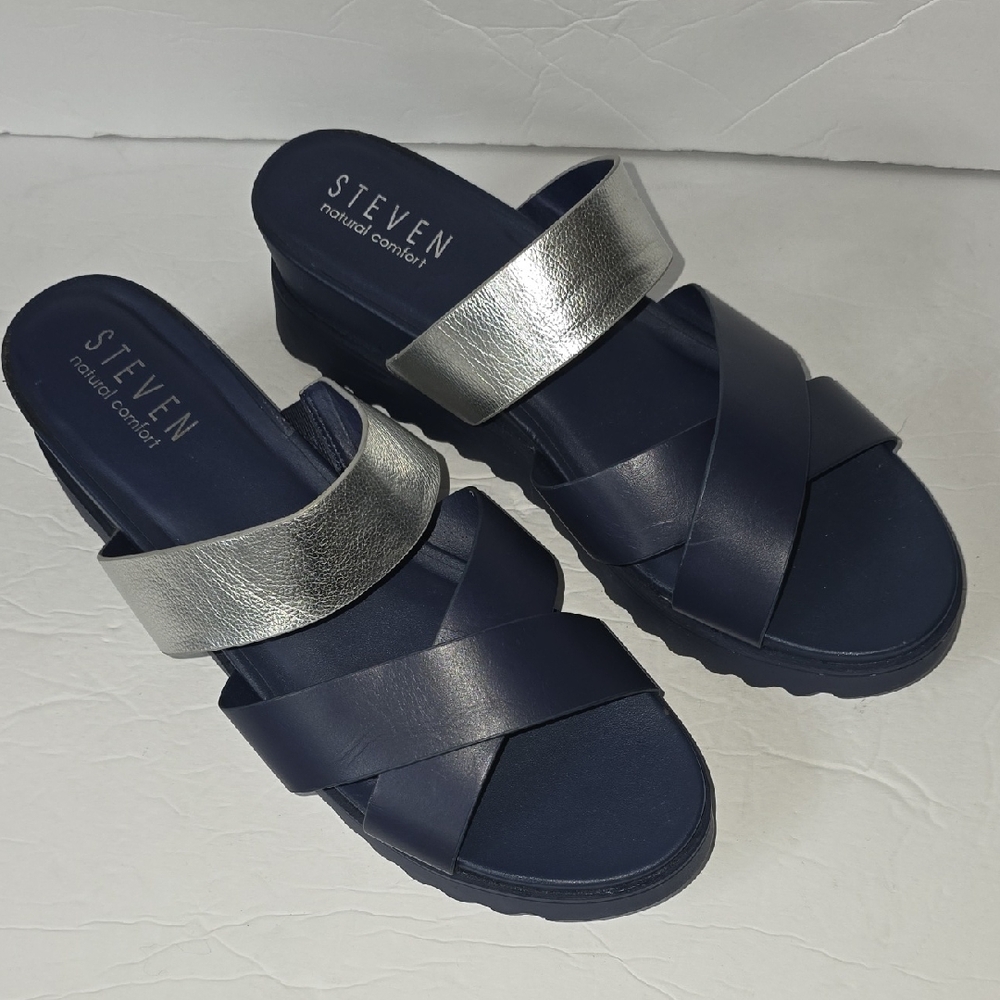 Seven7 Navy & Silver Wedge Slide Sandals